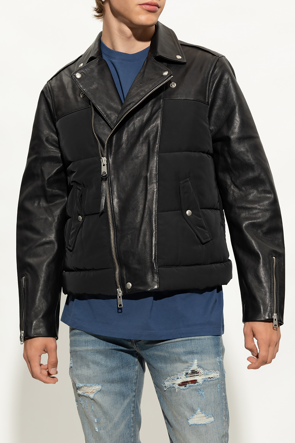 SchaferandweinerShops Men s Clothing AllSaints Jones jacket in contrasting fabrics balmain check biker jacket